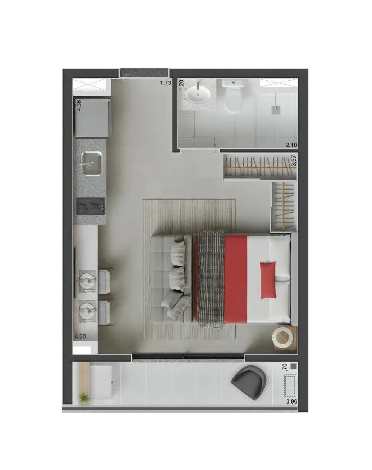 Planta ilustrativa Studio de 25 m² do Peak Vila Olímpia