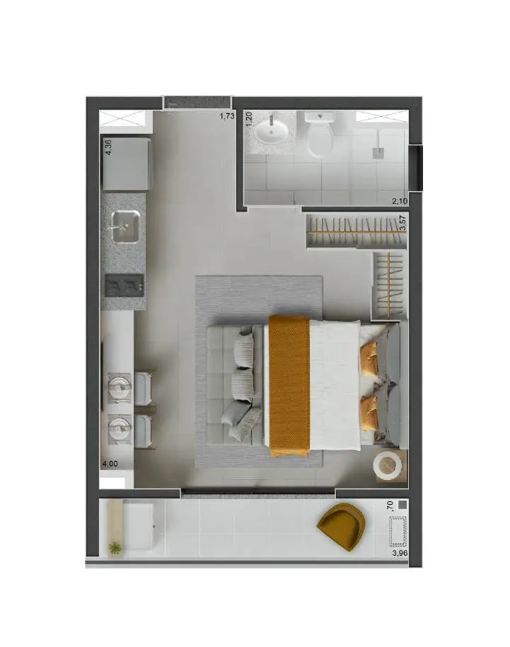 Planta ilustrativa Studio de 26 m² do Peak Vila Olímpia