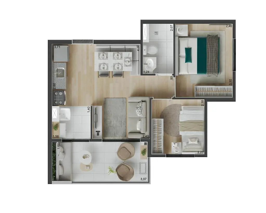 Planta ilustrativa 2 dormitórios de 44 m² do Peak Vila Olímpia