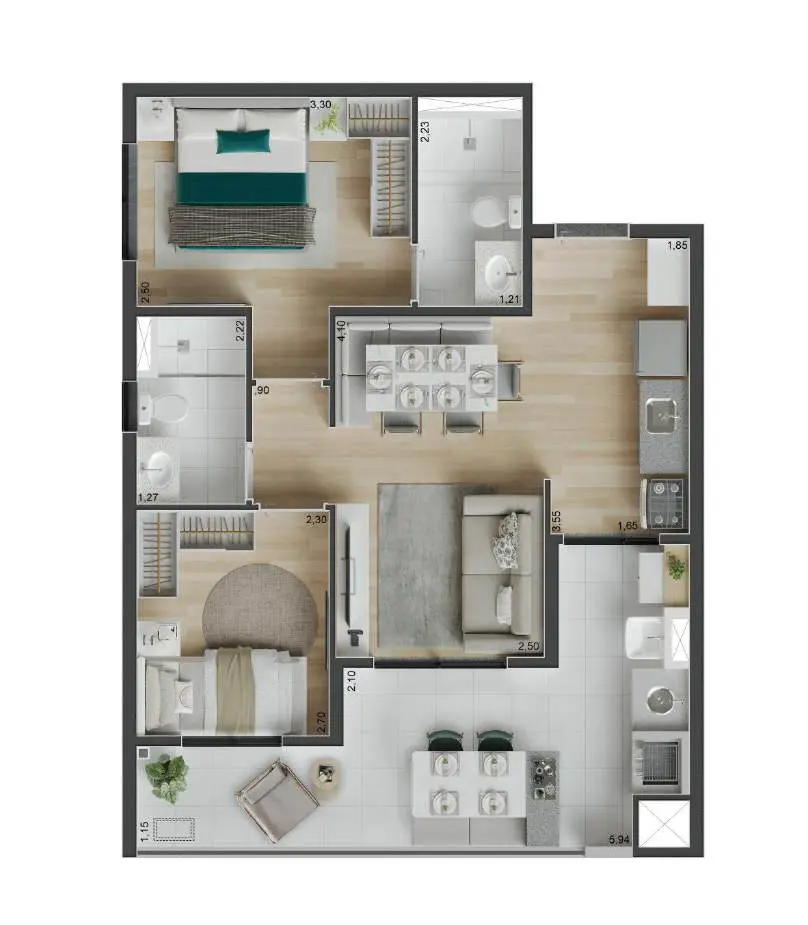 Planta ilustrativa 2 dormitórios de 61 m² do Peak Vila Olímpia